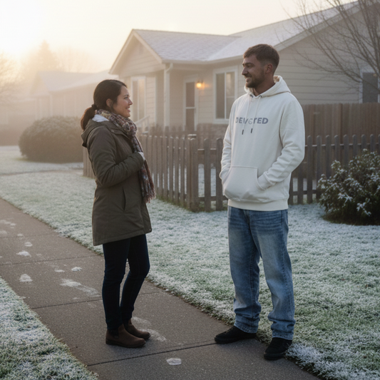 Two people standing on a frosty sidewalk in front of a house.