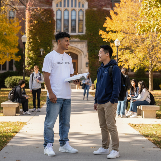 Two students standing on a college campus with a building in the background