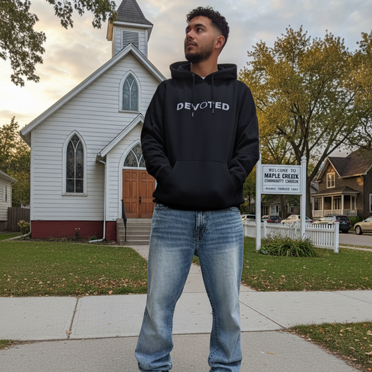 Person wearing a black hoodie with 'DEVOTED' text in front of a small church.